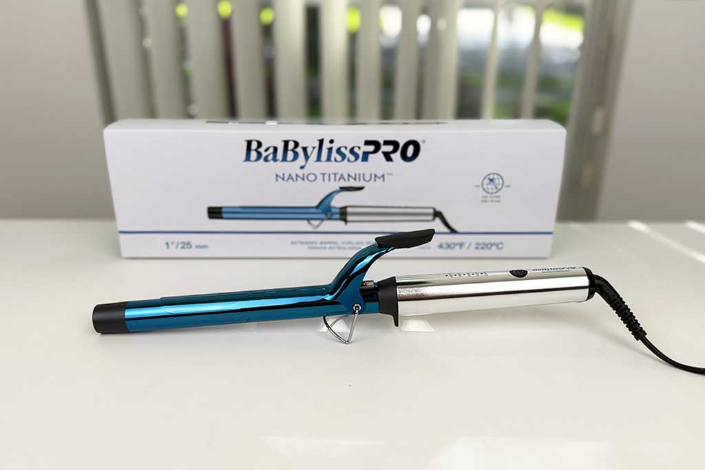 BaBylissPRO Nano Titanium Extended Barrel Curling Iron photographed at BeautiLAB Studio, tested for barrel length, heat, and handling.