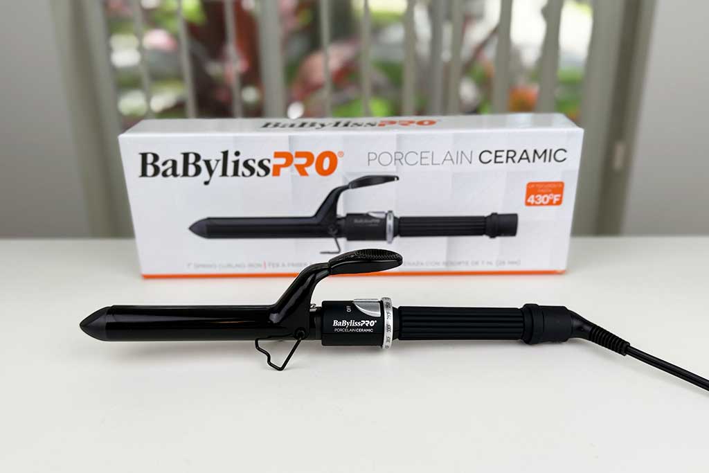 BaBylissPRO Porcelain Ceramic Spring Curling Iron photographed at BeautiLAB Studio, tested for clamp control and heat stability.