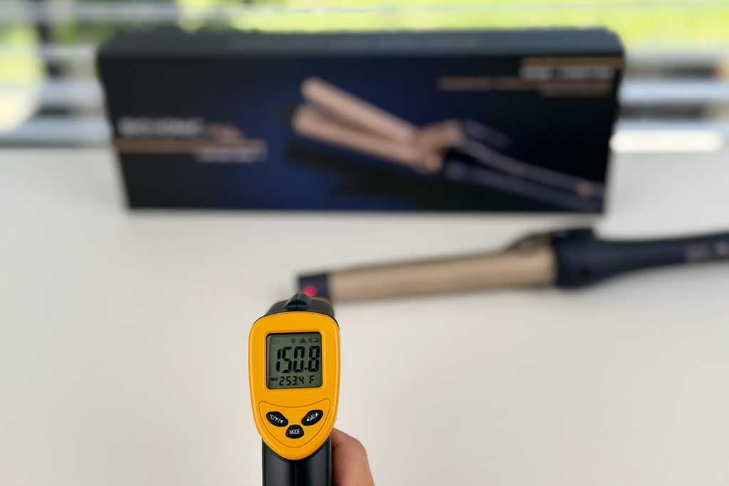 Bio Ionic GoldPro Curling Iron cool tip tested at 150°F with IR thermometer.