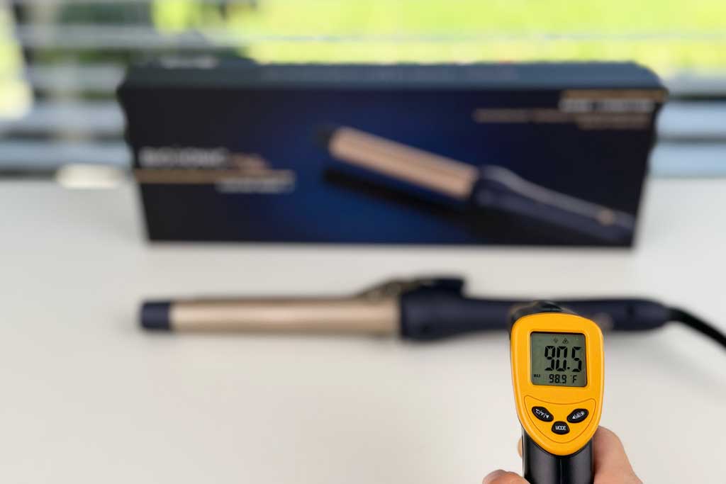 Bio Ionic GoldPro Curling Iron handle tested at 90°F with infrared thermometer.