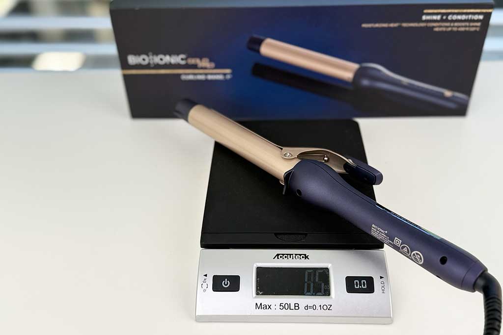 Bio Ionic GoldPro Curling Iron weight measured at 8.5 ounces on scale.