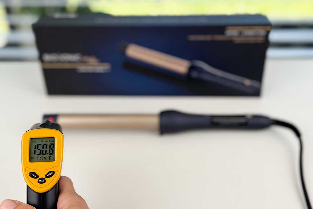 Bio Ionic GoldPro Curling Wand cool tip tested at 150°F, hotter than average.