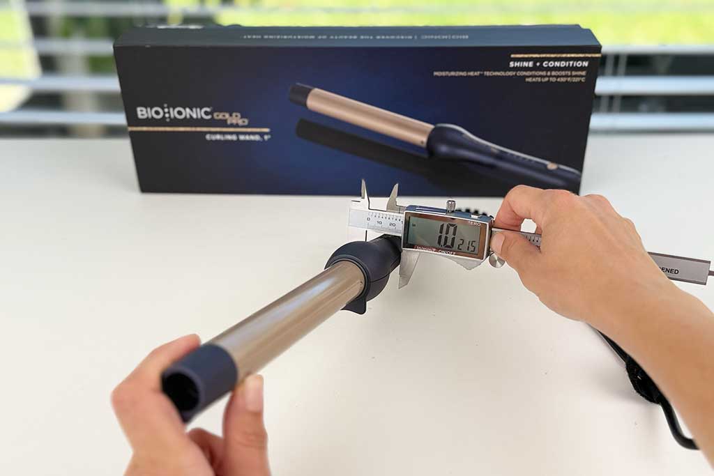 Bio Ionic GoldPro Curling Wand handle width measured at 1 inch.