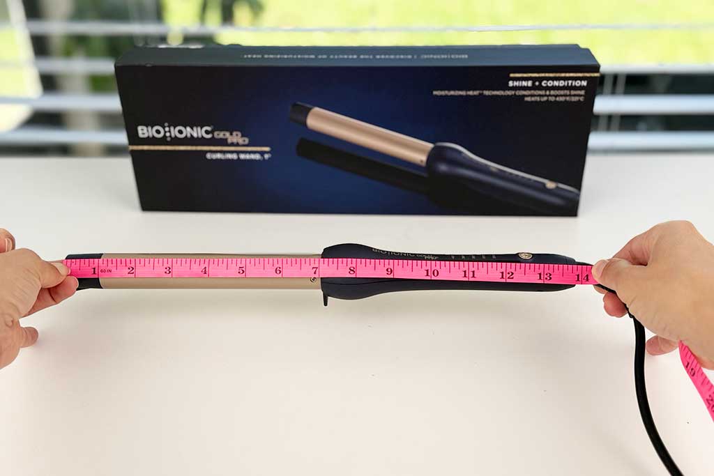Bio Ionic GoldPro Curling Wand total tool length recorded at 14 inches.
