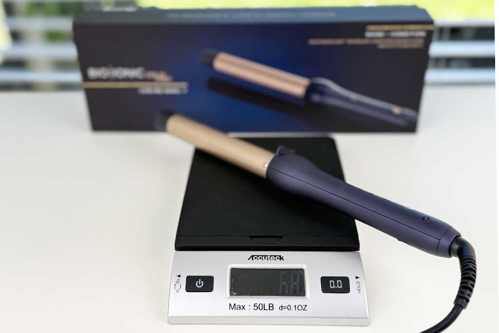 Bio Ionic GoldPro Curling Wand weight measured at 6.8 ounces on scale.