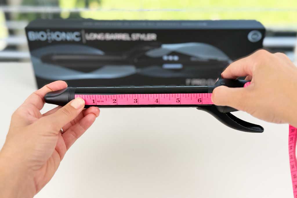 Bio Ionic Long Barrel Curling Iron barrel measured at 6.25 inches, longer than the 5.2-inch category average.
