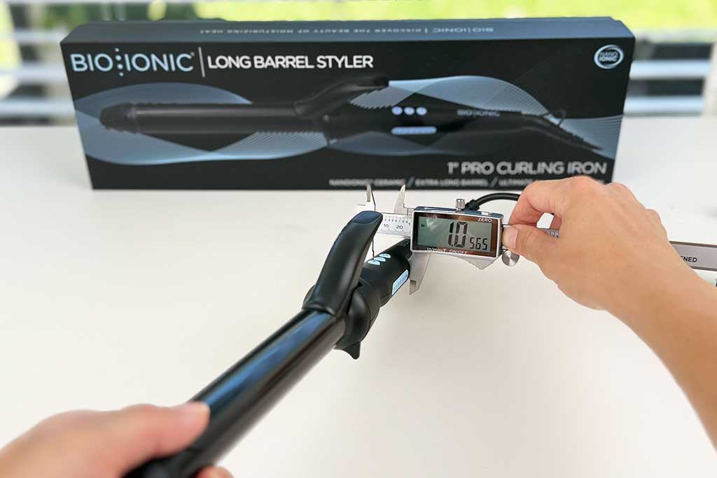 Bio Ionic Long Barrel Curling Iron handle width measured at 1.1 inches.