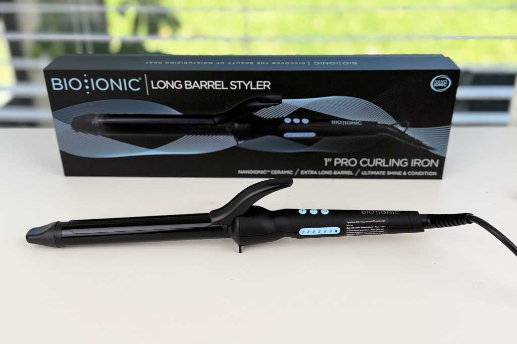 Bio Ionic Long Barrel Curling Iron review photo with extended 6.25-inch barrel and clamp.