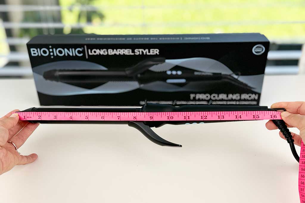 Bio Ionic Long Barrel Curling Iron tool length recorded at 16 inches.