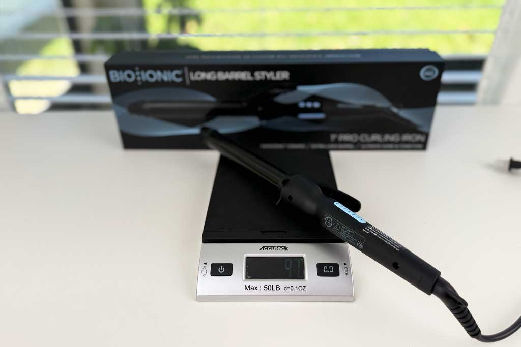 Bio Ionic Long Barrel Curling Iron weight measured at 9.7 ounces on scale.