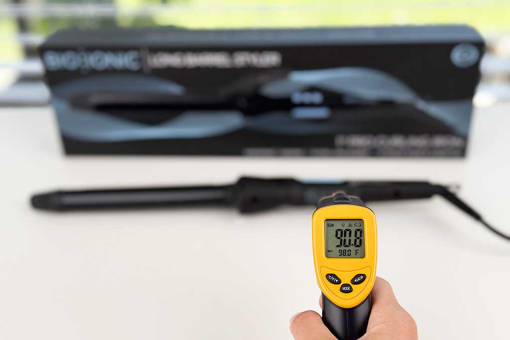 Bio Ionic Long Barrel Curling Iron handle tested at 90°F for safe grip.