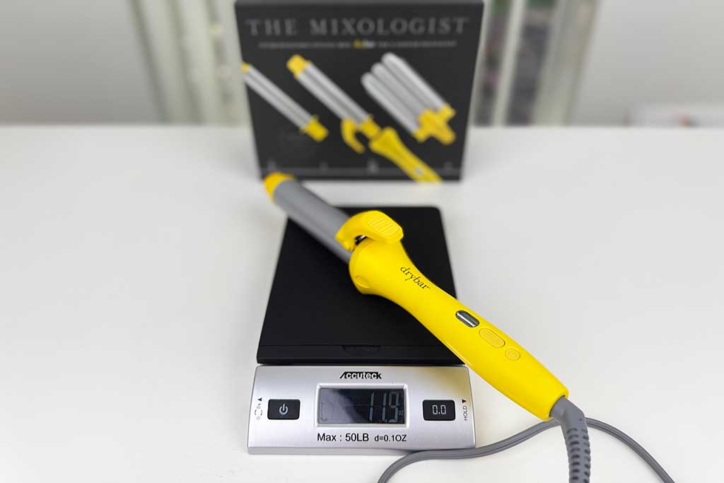 Kitchen scale showing 12 ounces for the Drybar Mixologist spring curling iron.