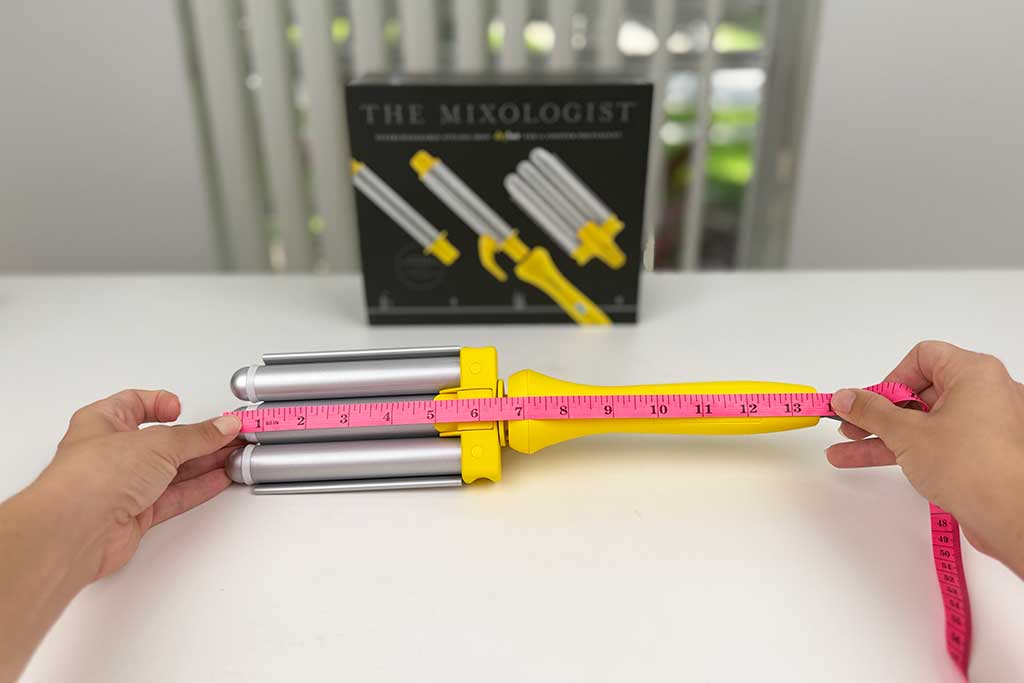 Tape measure recording 13.5 inches across the Mixologist triple waver attachment.