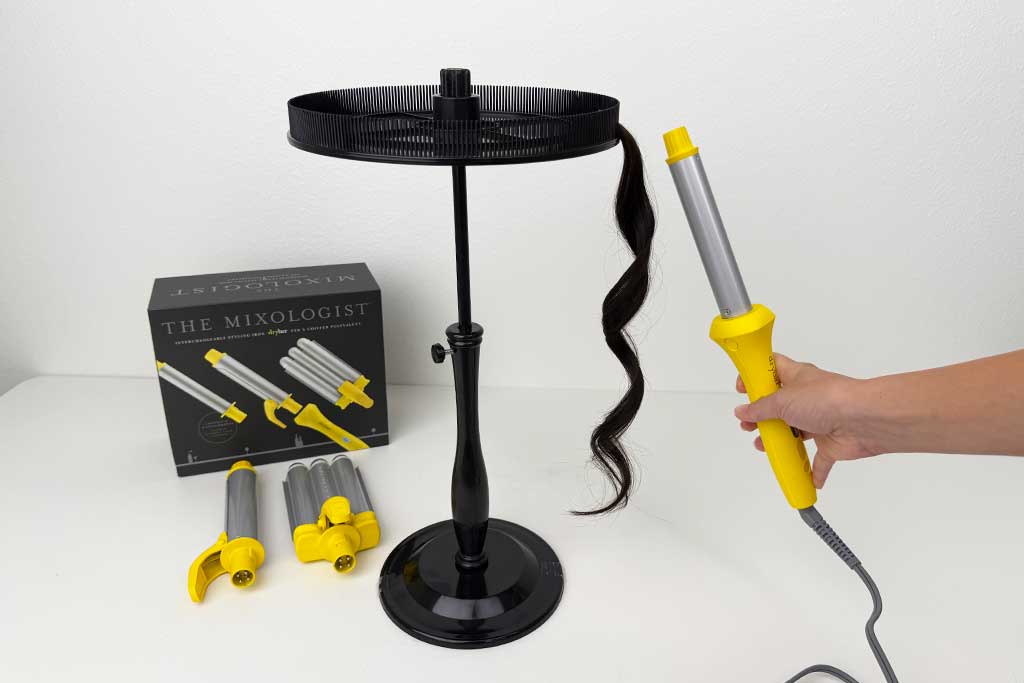 Wig hair styled with the Drybar Mixologist wand, showing relaxed, shiny waves.