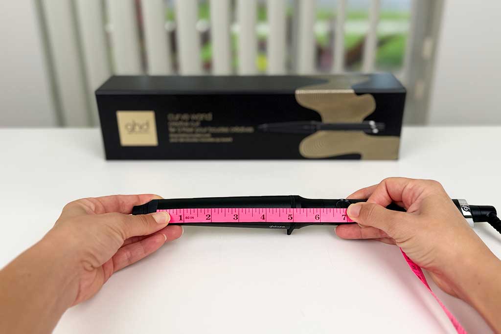 Measuring tape showing the 5-inch barrel length of the GHD Creative Curl Wand.