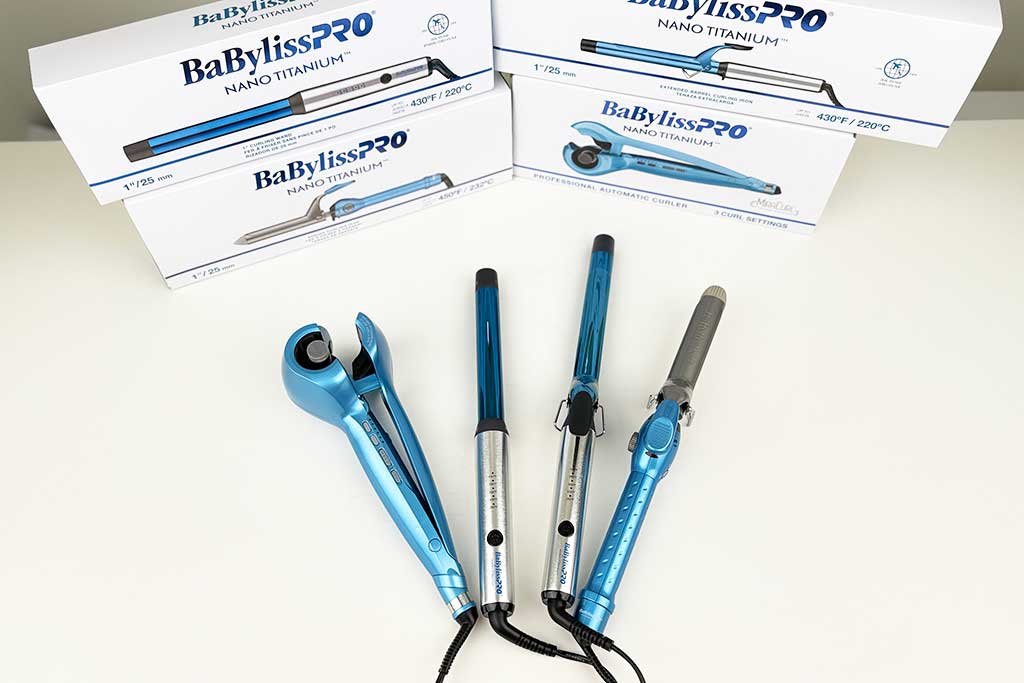 BaBylissPRO curling irons lineup reviewed at BeautiLAB Studio, showcasing different barrels, chambers, and handle styles.