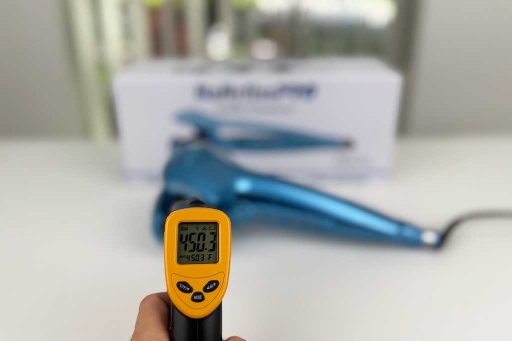 Infrared thermometer reading inside the BaBylissPRO MiraCurl 3 curl chamber at 450°F.