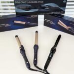 Bio Ionic curling irons lineup review photo with GoldPro Wand, GoldPro Curling Iron, and Long Barrel Curling Iron.
