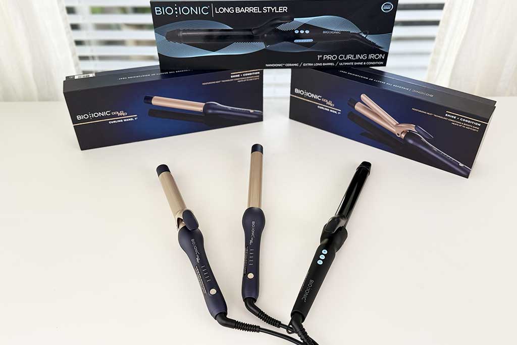 Bio-Ionic-Curling-Irons-Review-Featured Bio Ionic curling irons lineup review photo with GoldPro Wand, GoldPro Curling Iron, and Long Barrel Curling Iron.