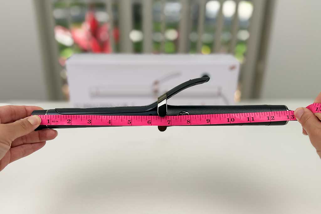 Measuring tape showing the 13-inch total length of the T3 SinglePass Curl curling iron.